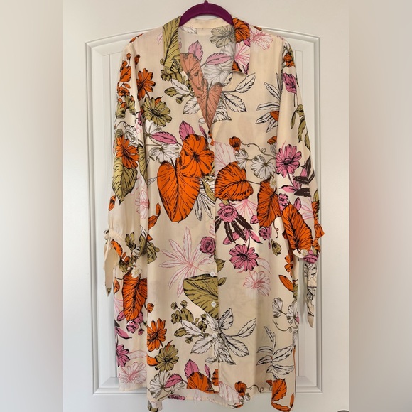 Cupshe Cream Floral Button-Front Tunic Orange & Purple Blooms - Picture 2 of 9